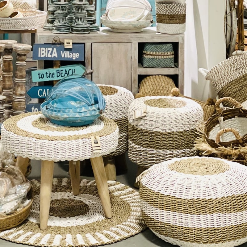 Poef seagrass Ø60cm wit/naturel