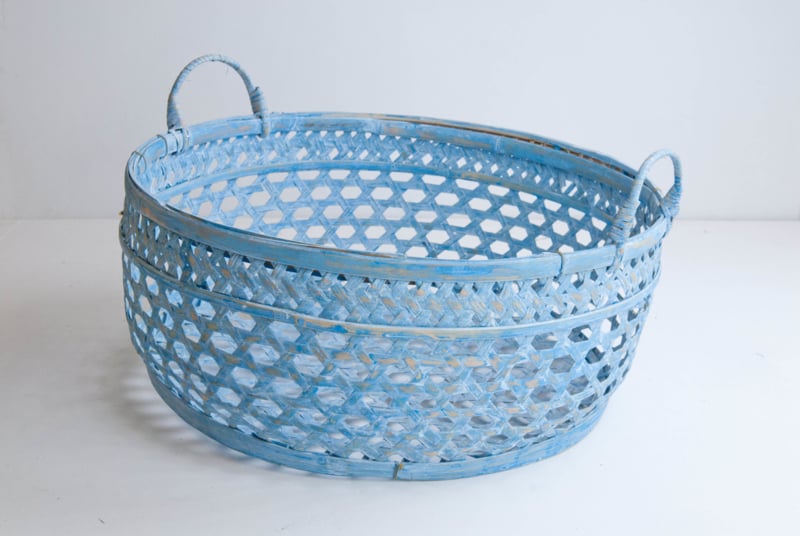 Fijne bamboe mand met handvatten turquoise / blauw