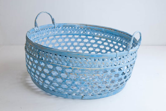 Fijne bamboe mand met handvatten turquoise / blauw