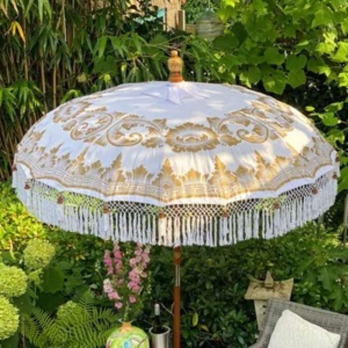 Ibiza Parasol 2 meters white/gold boho (stem in 2 parts)