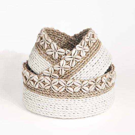 Mandje seagrass met schelpjes natural/wit