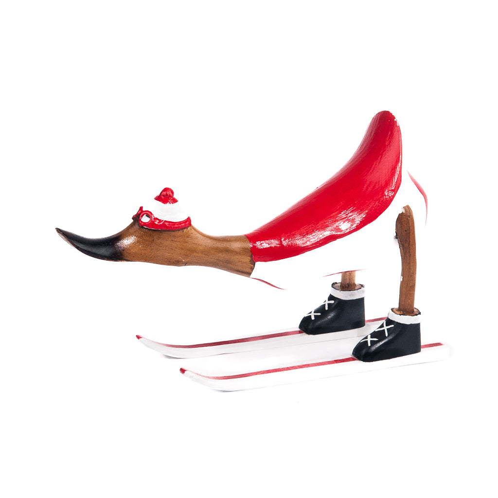 Wooden duck - red skis