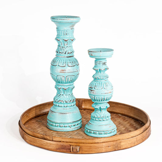 Tangan candlesticks in Celeste colour 30cm and 40cm high