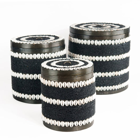 Opferkorb / Abfalleimer XL rundes Modell Perlen/Muscheln schwarz/weiß