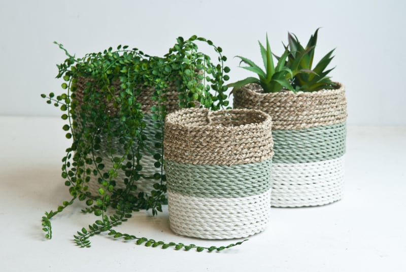 Plantenmandjes seagrass naturel/groen-grijs/wit