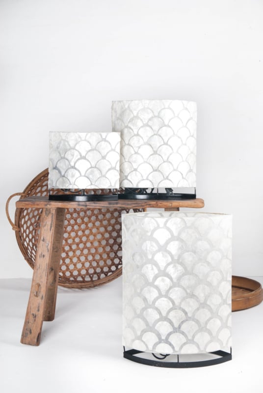 Tischlampe mit Ventilator aus Capiz-Muscheln, weiß