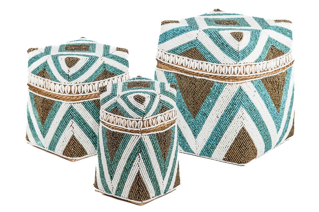 Offermand hoog model kraaltjes/schelpjes turquoise/goud/wit