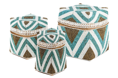 Offermand hoog model kraaltjes/schelpjes turquoise/goud/wit