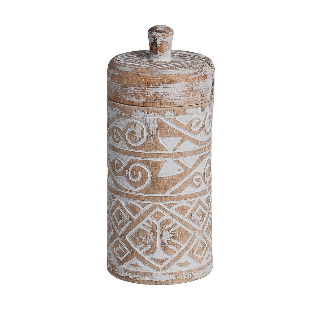 Houten pot Borneo met deksel maat large, naturel/wit