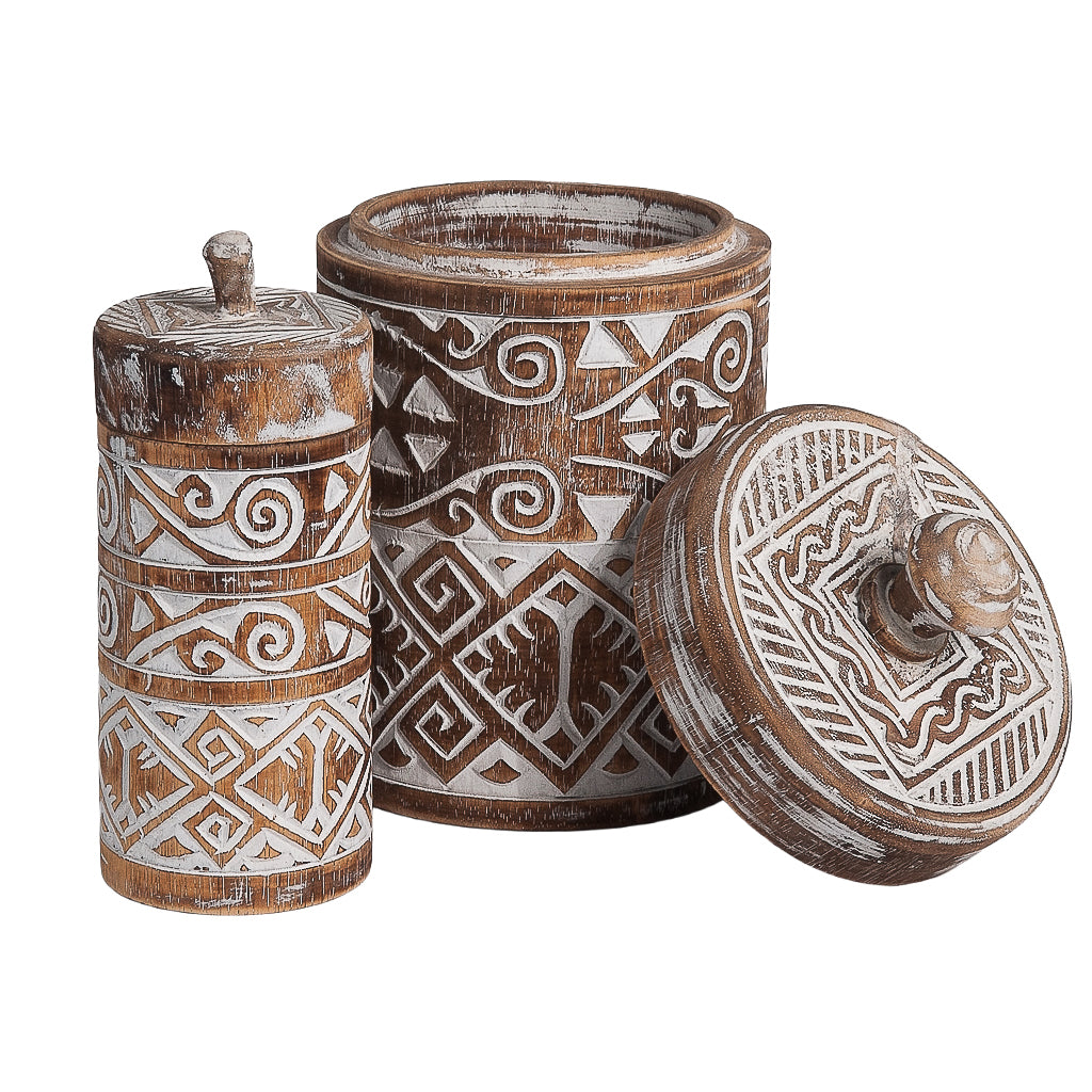 Houten pot Borneo met deksel maat large, burned/wit (kopie)