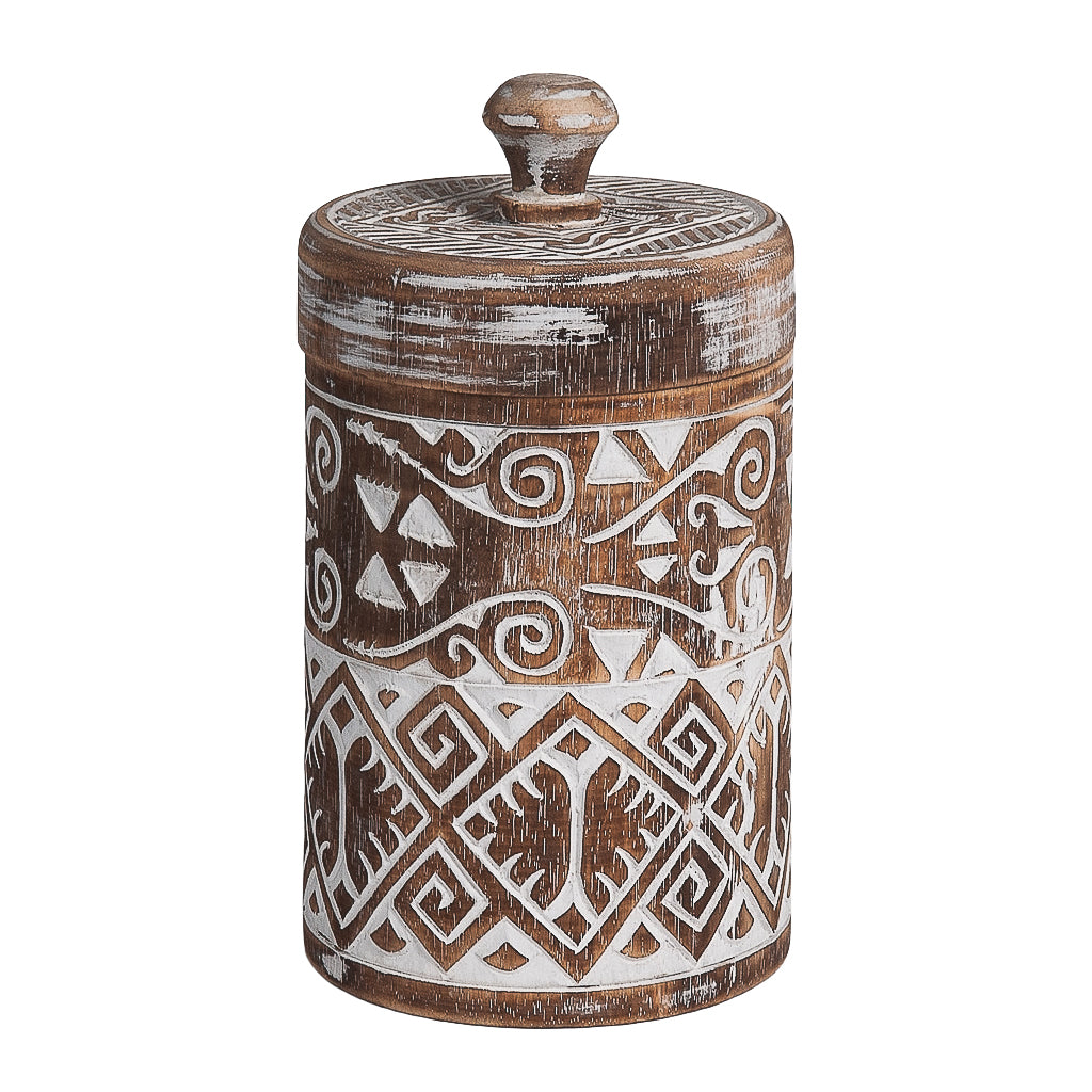 Houten pot Borneo met deksel maat large, burned/wit (kopie)