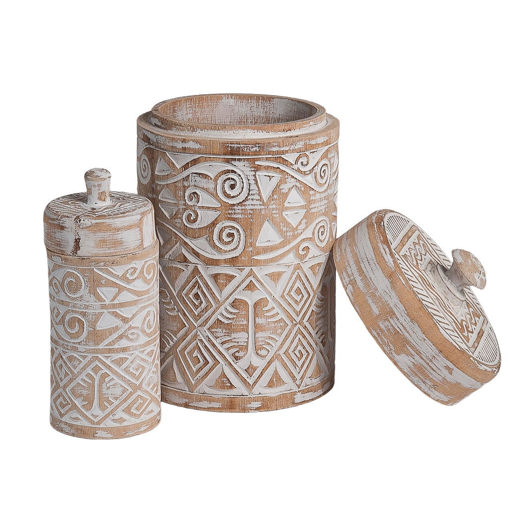 Houten pot Borneo met deksel maat large, naturel/wit