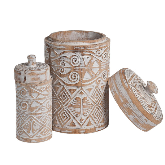 Houten pot Borneo met deksel maat large, naturel/wit