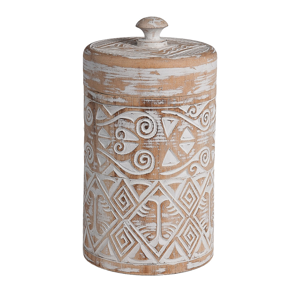 Houten pot Borneo met deksel maat large, naturel/wit