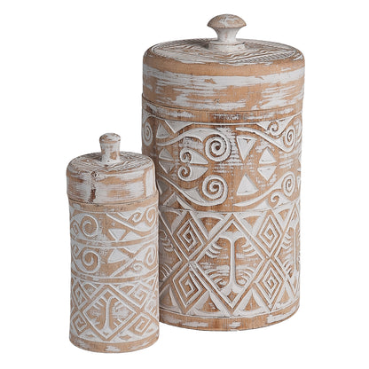 Houten pot Borneo met deksel maat large, naturel/wit