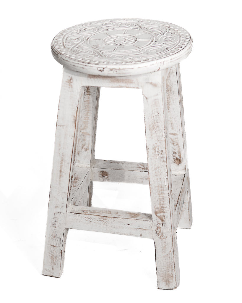 Houten krukje mandala white / carved natural wood