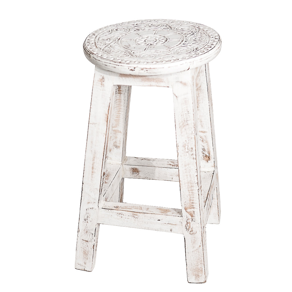 Houten krukje mandala white / carved natural wood