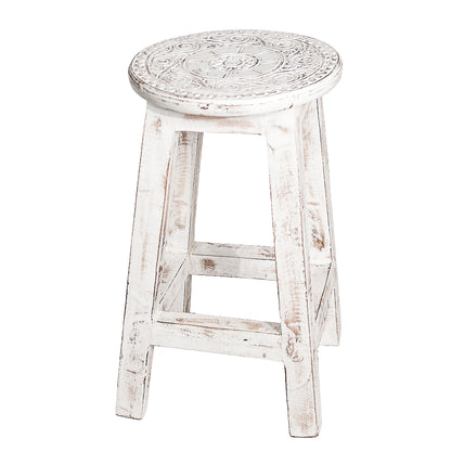 Houten krukje mandala white / carved natural wood