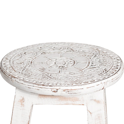 Houten krukje mandala white / carved natural wood