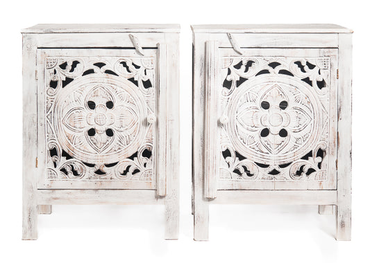 Set houten nachtkastjes mandala whitewash