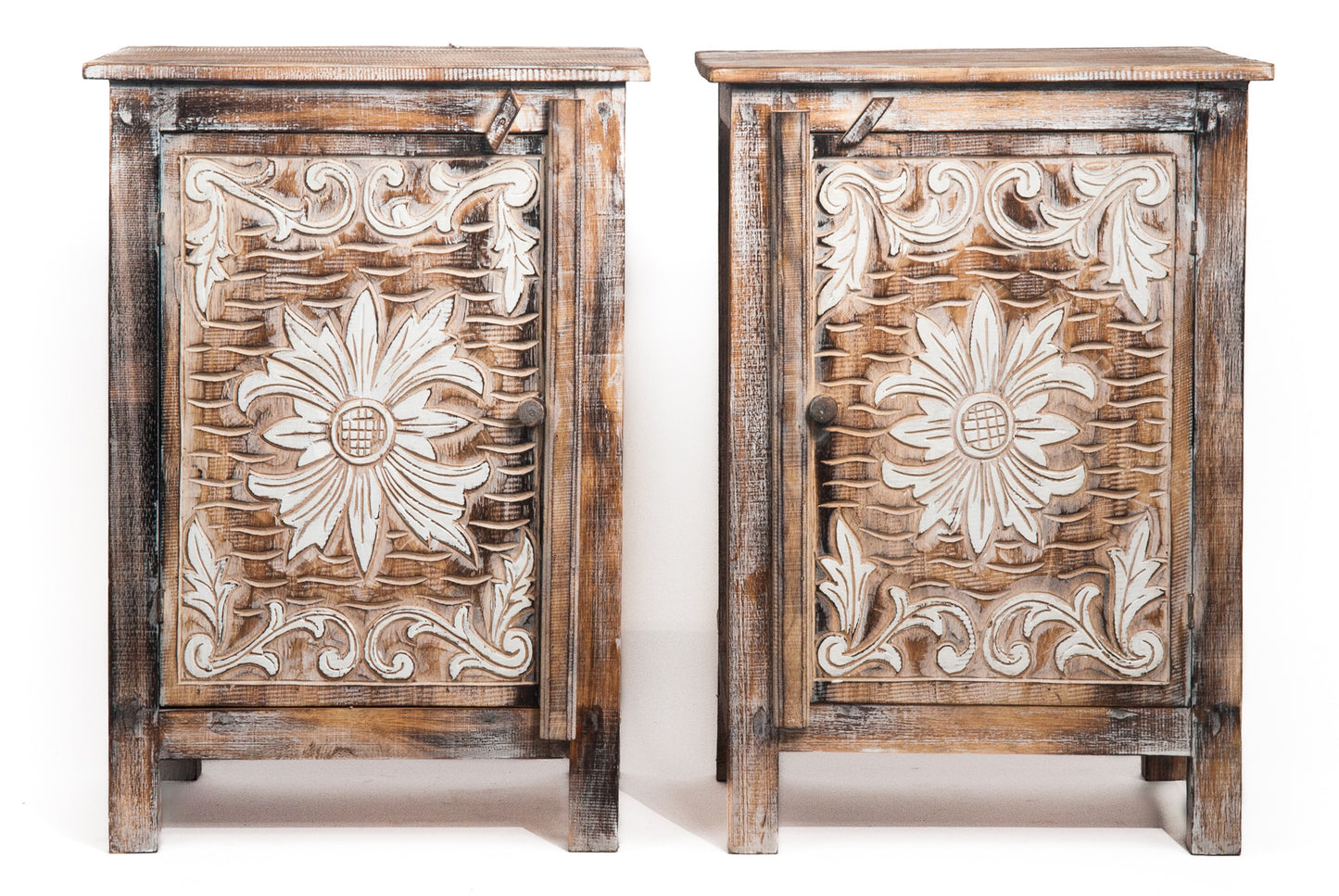 Set houten nachtkastjes burned/white flower